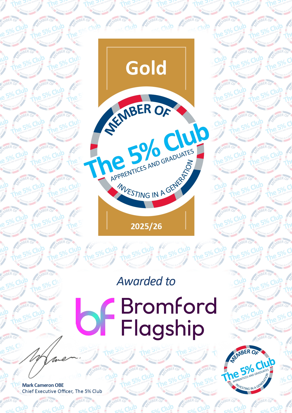 The 5% Club Gold accreditation certificate presented to Bromford Flagship (credit: the 5% Club)